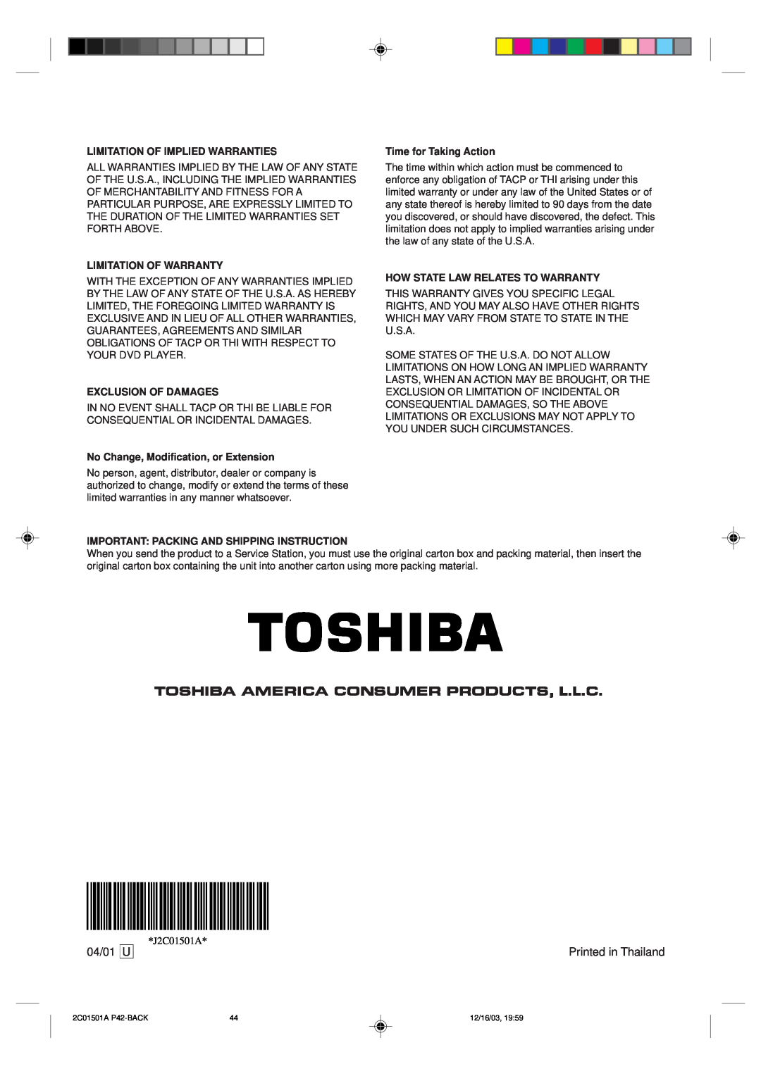 Toshiba SD-K740SU Limitation Of Implied Warranties, Limitation Of Warranty, Exclusion Of Damages, Time for Taking Action 