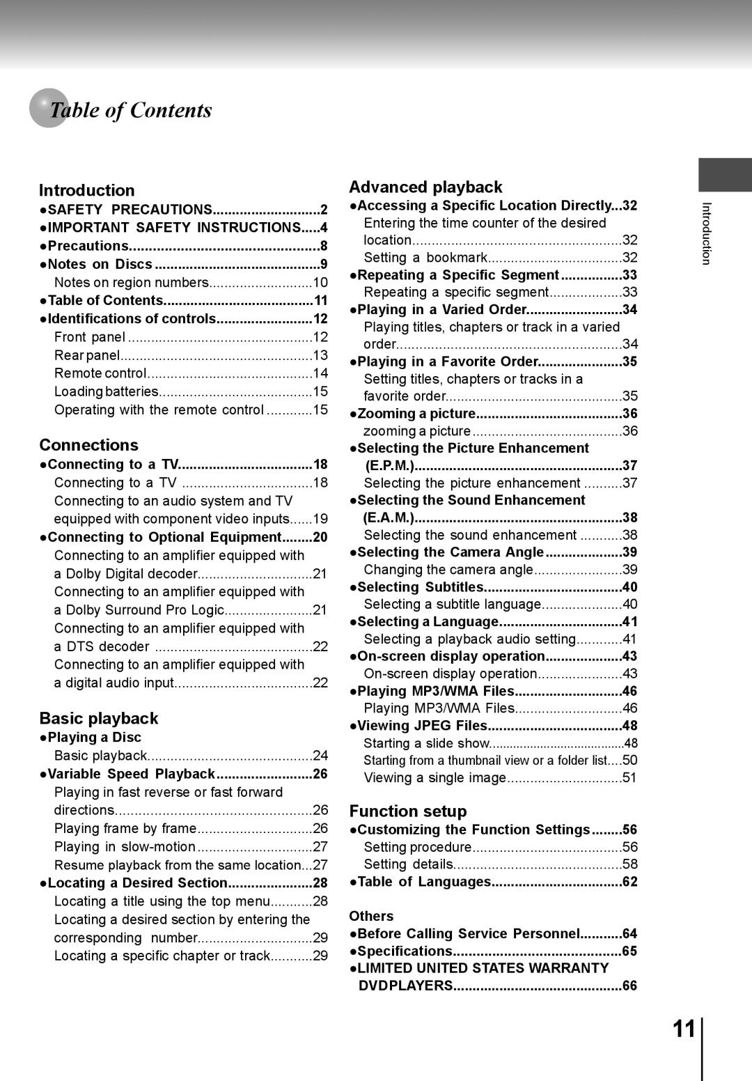 Toshiba SD-K741SU manual Ble of Contents 