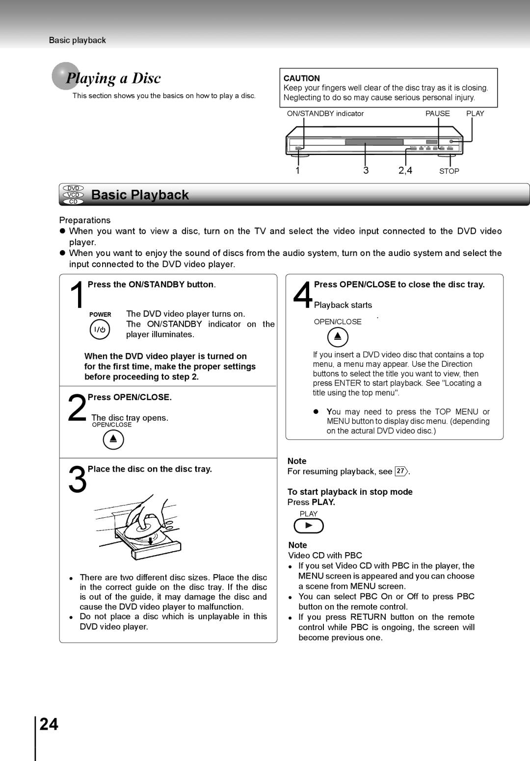 Toshiba SD-K741SU manual Aying a Disc, 3Place the disc on the disc tray, To start playback in stop mode 