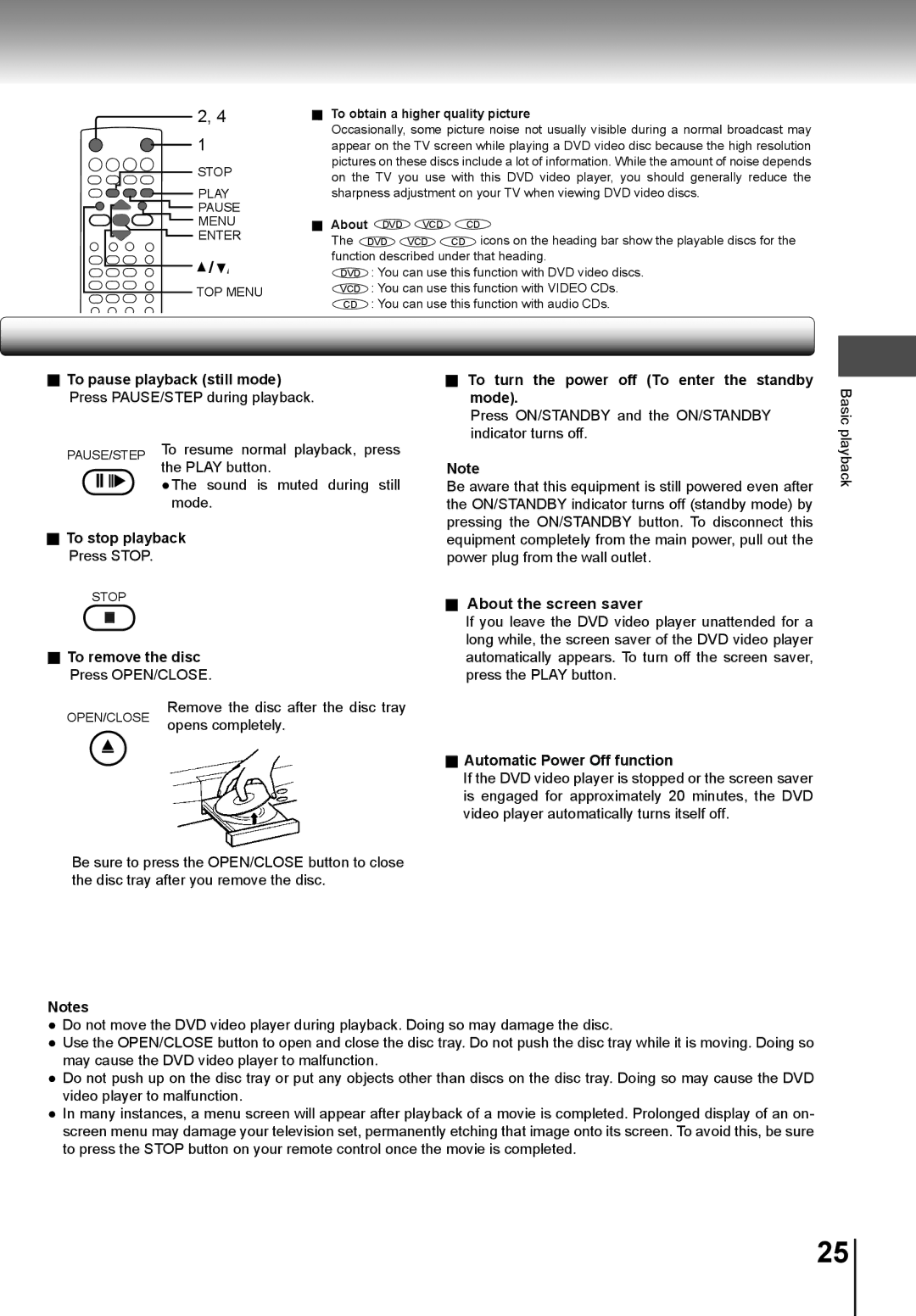 Toshiba SD-K741SU manual To stop playback Press Stop, To remove the disc Press OPEN/CLOSE, Automatic Power Off function 