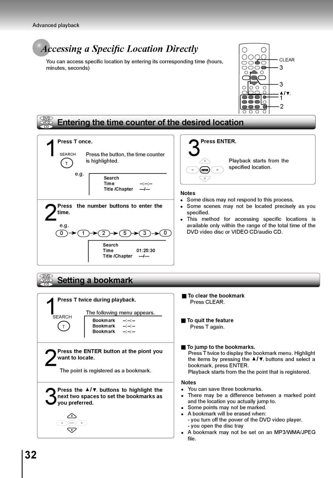 Toshiba SD-K741SU manual Cessing a Speciﬁc Location Directly, 1Press T once, 2Press the number buttons to enter the time 