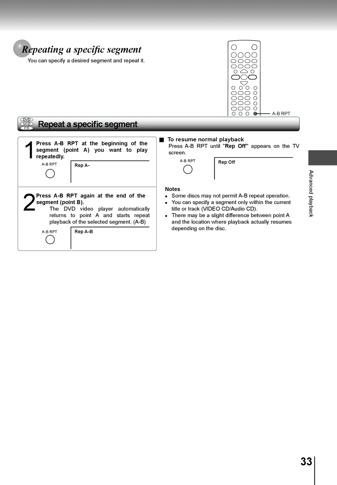 Toshiba SD-K741SU manual Peating a speciﬁc segment, 2Press A-B RPT again at the end of the segment point B 