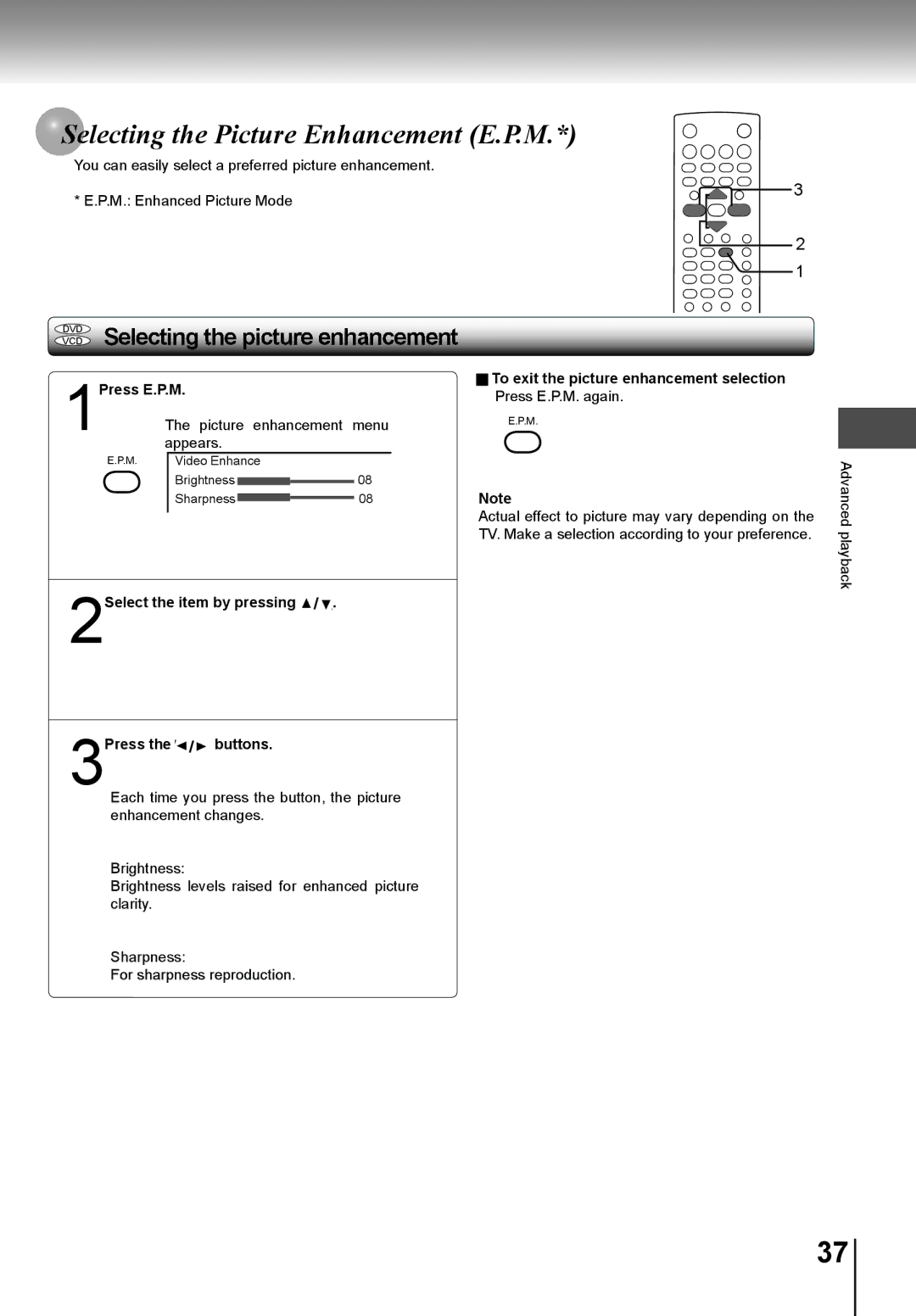 Toshiba SD-K741SU Lecting the Picture Enhancement E.P.M, 1Press E.P.M, 2Select the item by pressing 3Press the / buttons 