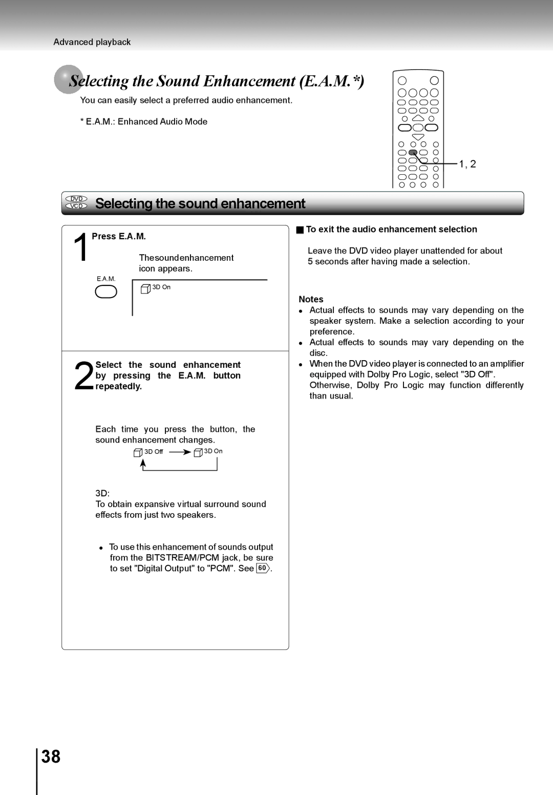 Toshiba SD-K741SU manual Lecting the Sound Enhancement E.A.M, 1Press E.A.M, To exit the audio enhancement selection 