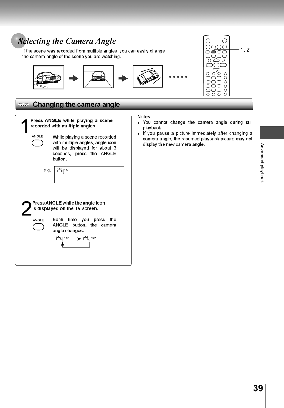 Toshiba SD-K741SU manual Lecting the Camera Angle 