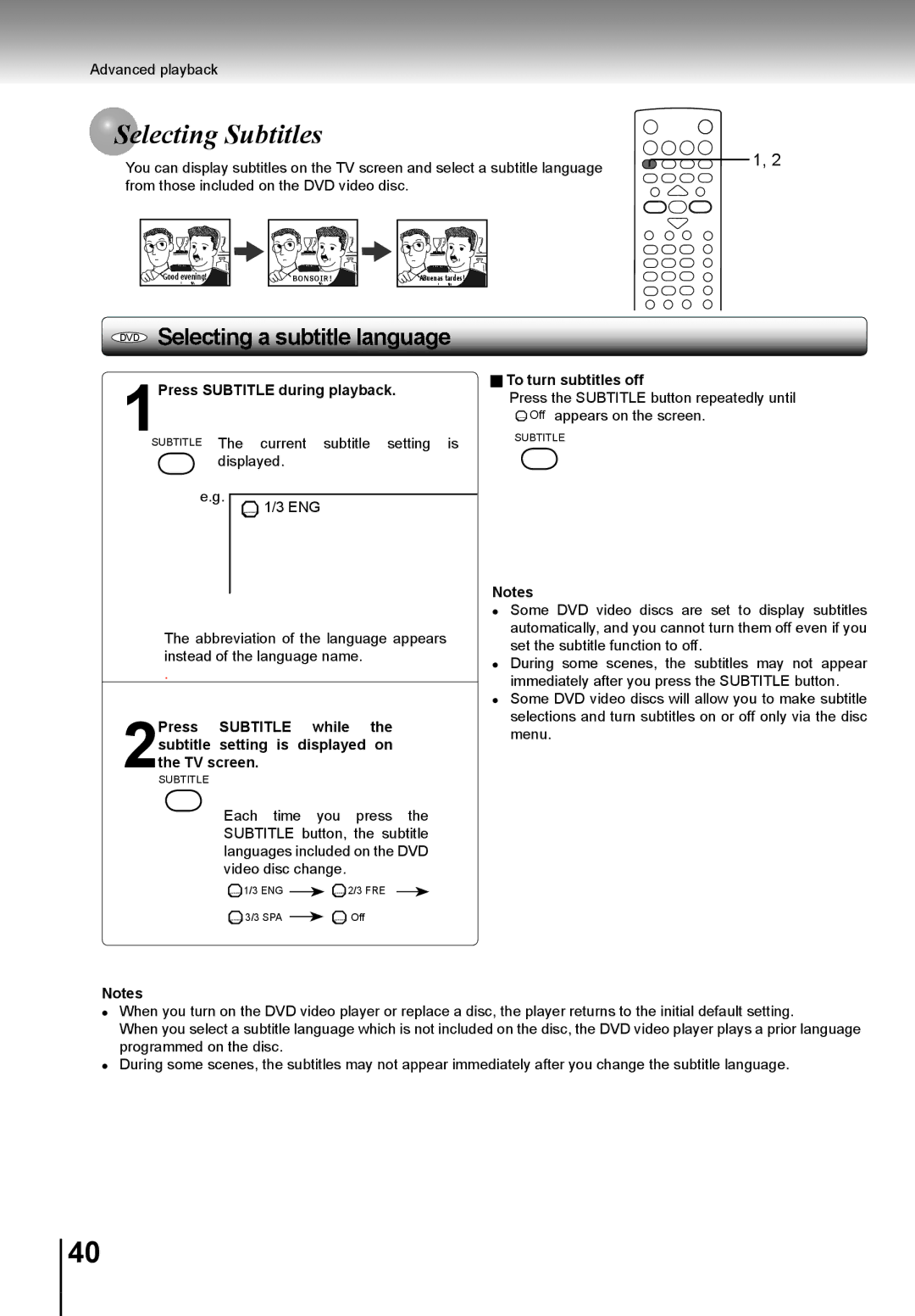 Toshiba SD-K741SU manual Lecting Subtitles, 1Press Subtitle during playback, To turn subtitles off 