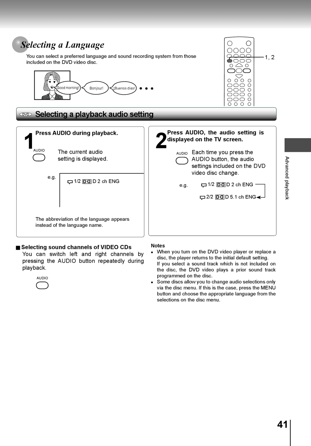 Toshiba SD-K741SU manual Lecting a Language, 1Press Audio during playback 