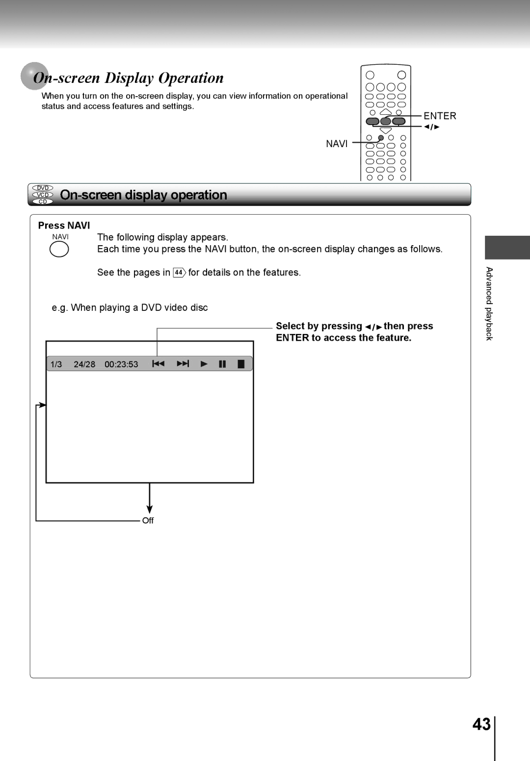 Toshiba SD-K741SU manual Screen Display Operation, Press Navi, Select by pressing / then press Enter to access the feature 