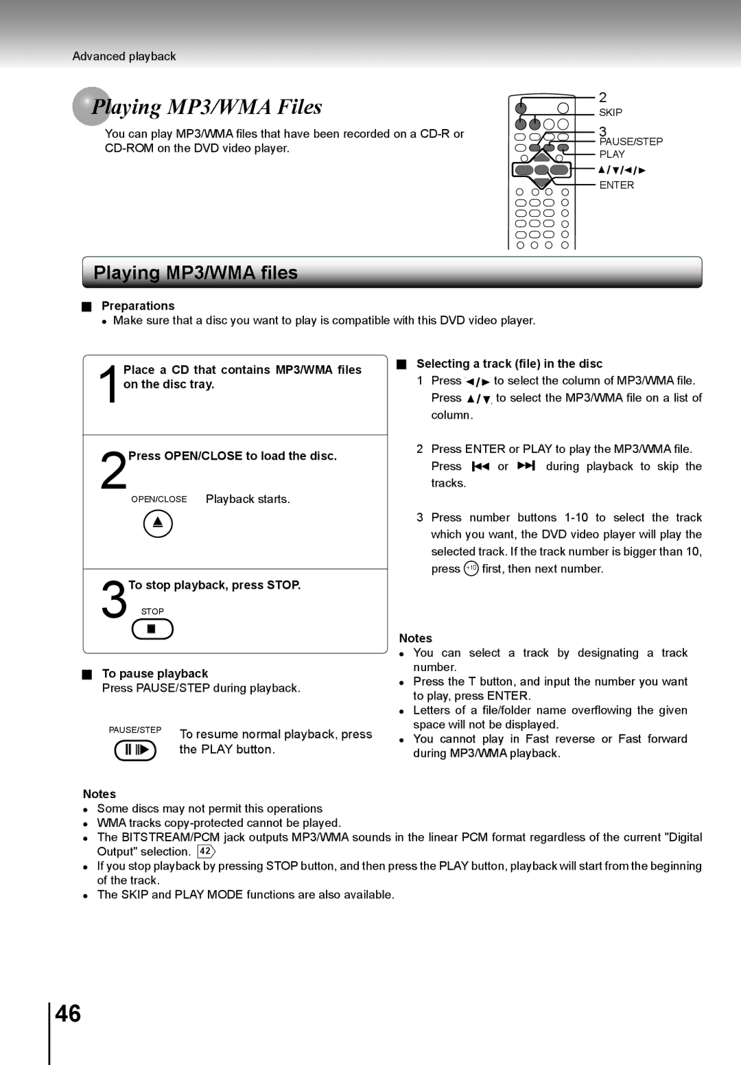 Toshiba SD-K741SU manual Aying MP3/WMA Files, Preparations, 3To stop playback, press Stop, To pause playback 