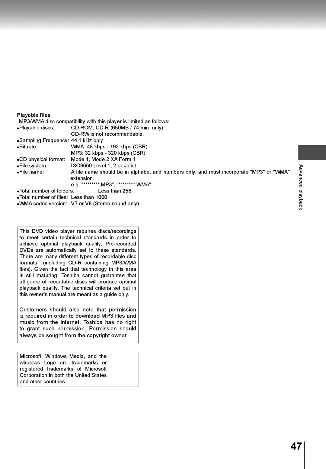 Toshiba SD-K741SU manual Playable ﬁles 