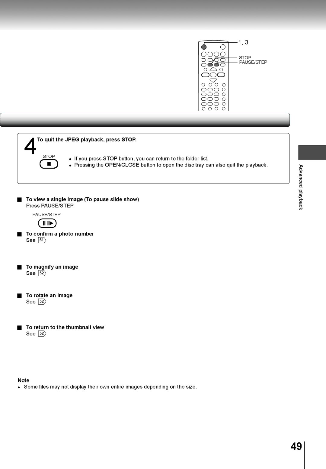 Toshiba SD-K741SU manual To quit the Jpeg playback, press Stop, If you press Stop button, you can return to the folder list 