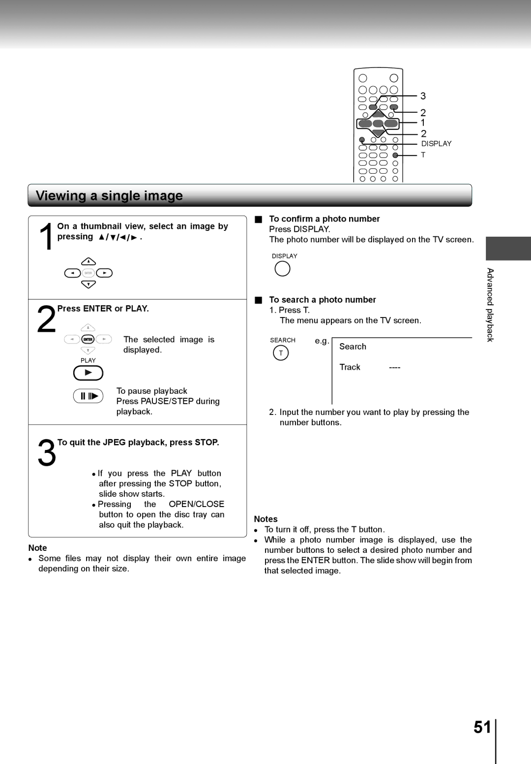 Toshiba SD-K741SU 3To quit the Jpeg playback, press Stop, To conﬁrm a photo number Press Display, To search a photo number 