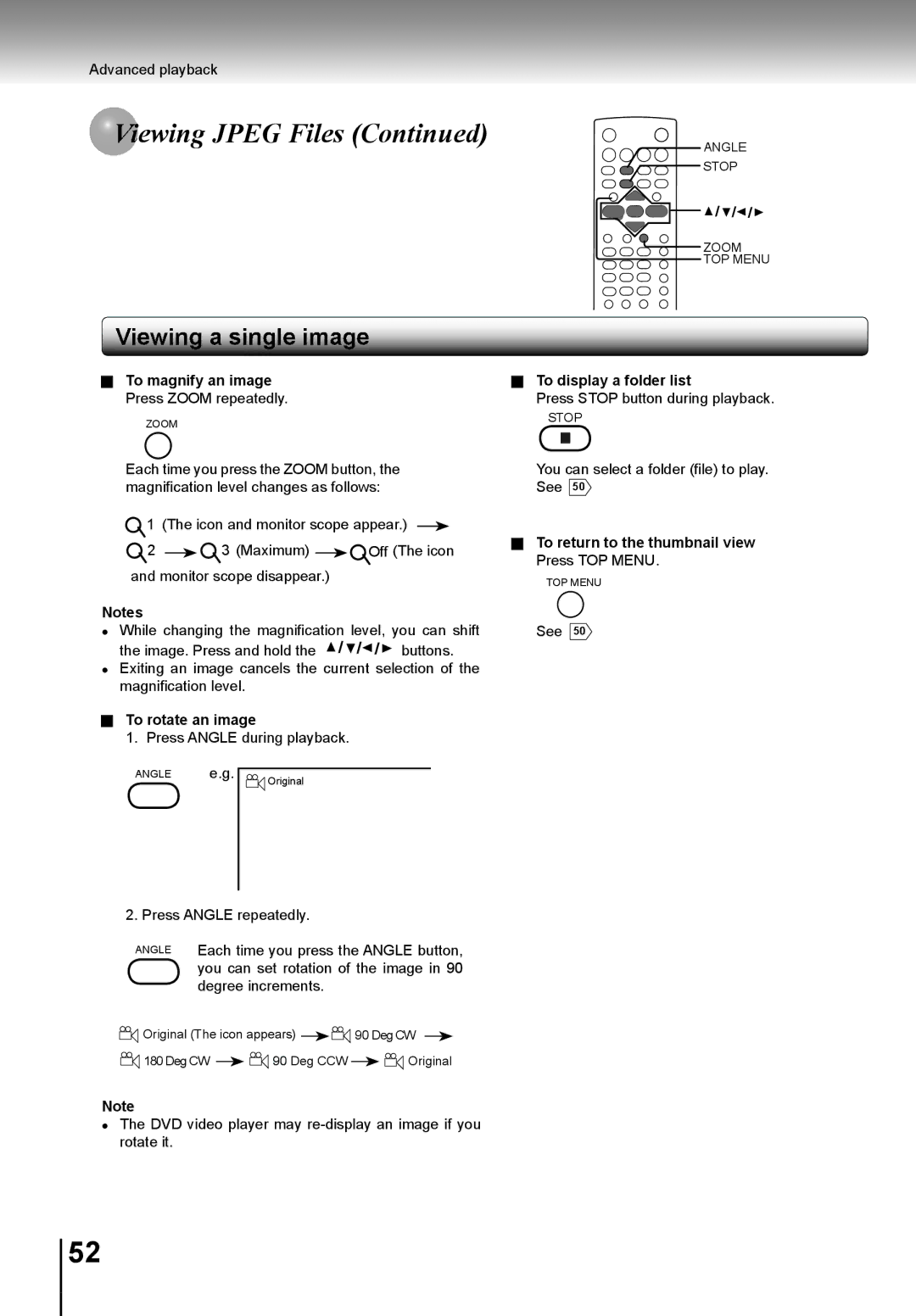 Toshiba SD-K741SU manual Wing Jpeg Files, To magnify an image Press Zoom repeatedly, To rotate an image 