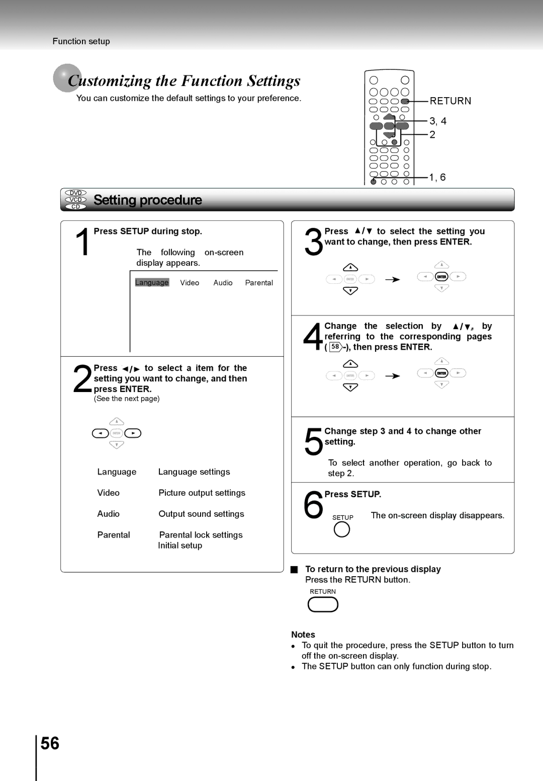 Toshiba SD-K741SU manual Stomizing the Function Settings, 1Press Setup during stop 