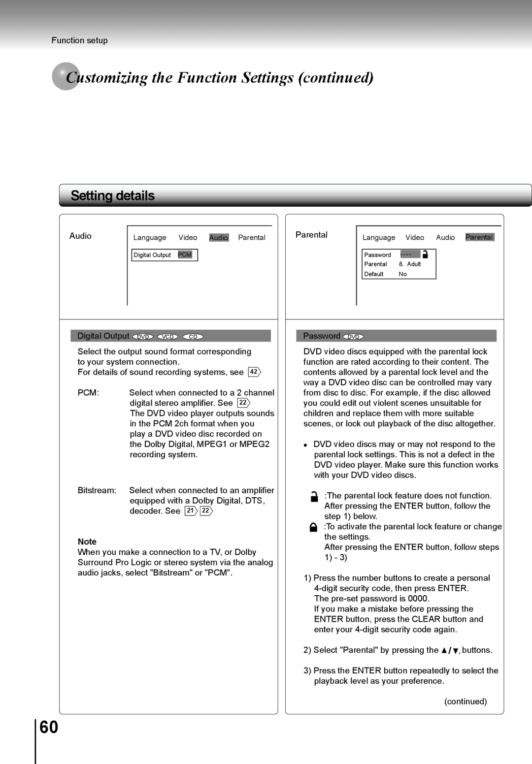 Toshiba SD-K741SU manual Pcm, Password DVD 