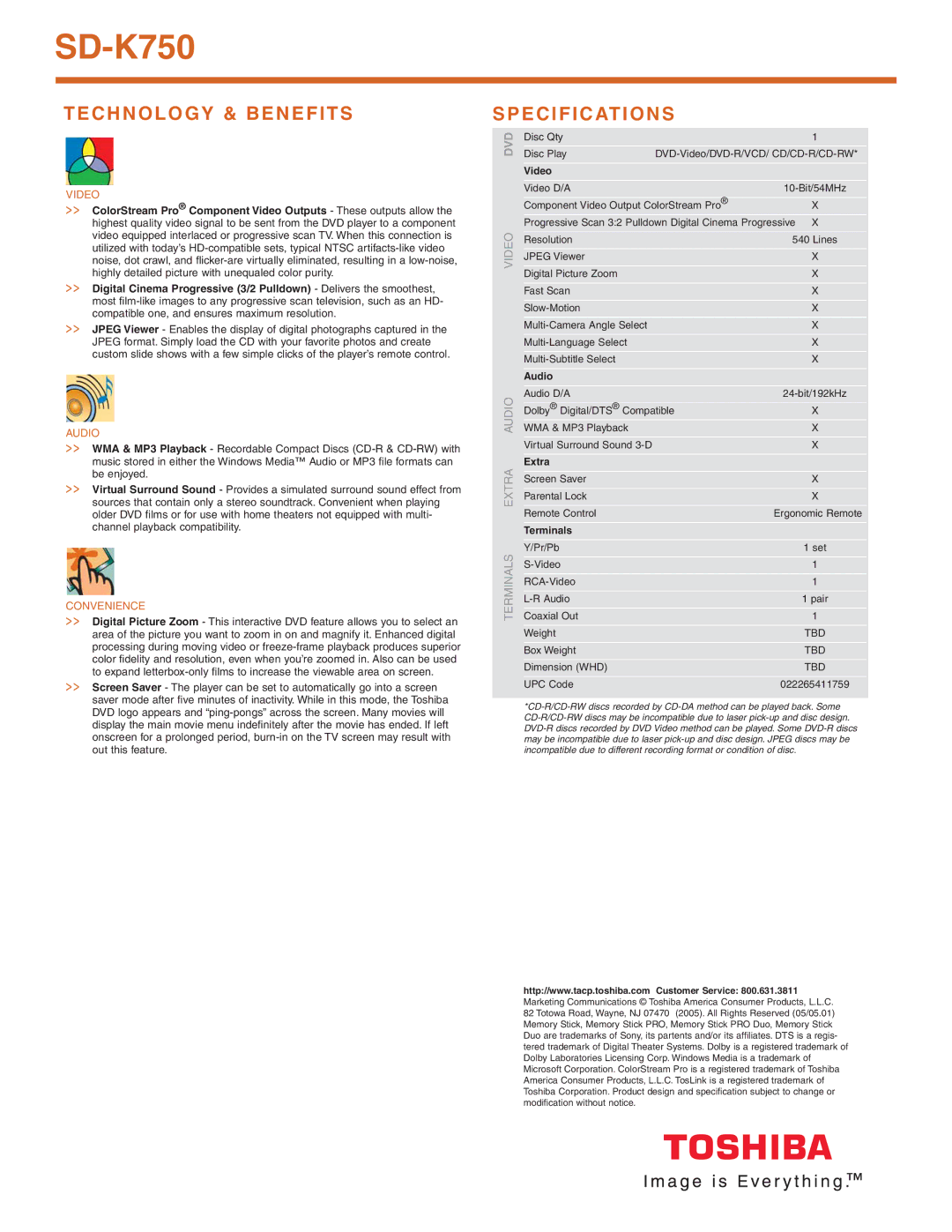 Toshiba SD-K750 manual Technology & Benefits, Specifications 