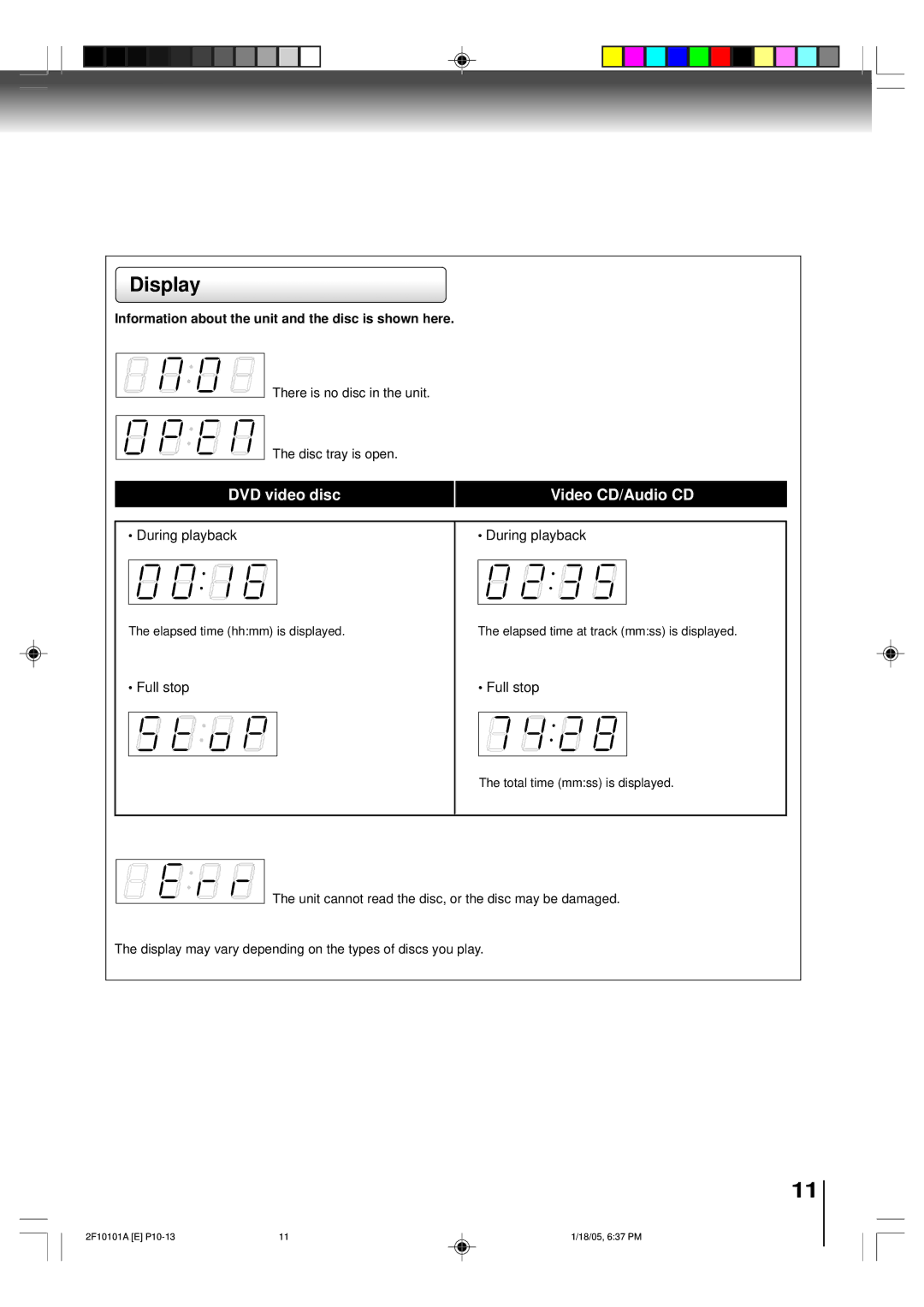 Toshiba SD-K750SU manual Display, Information about the unit and the disc is shown here 