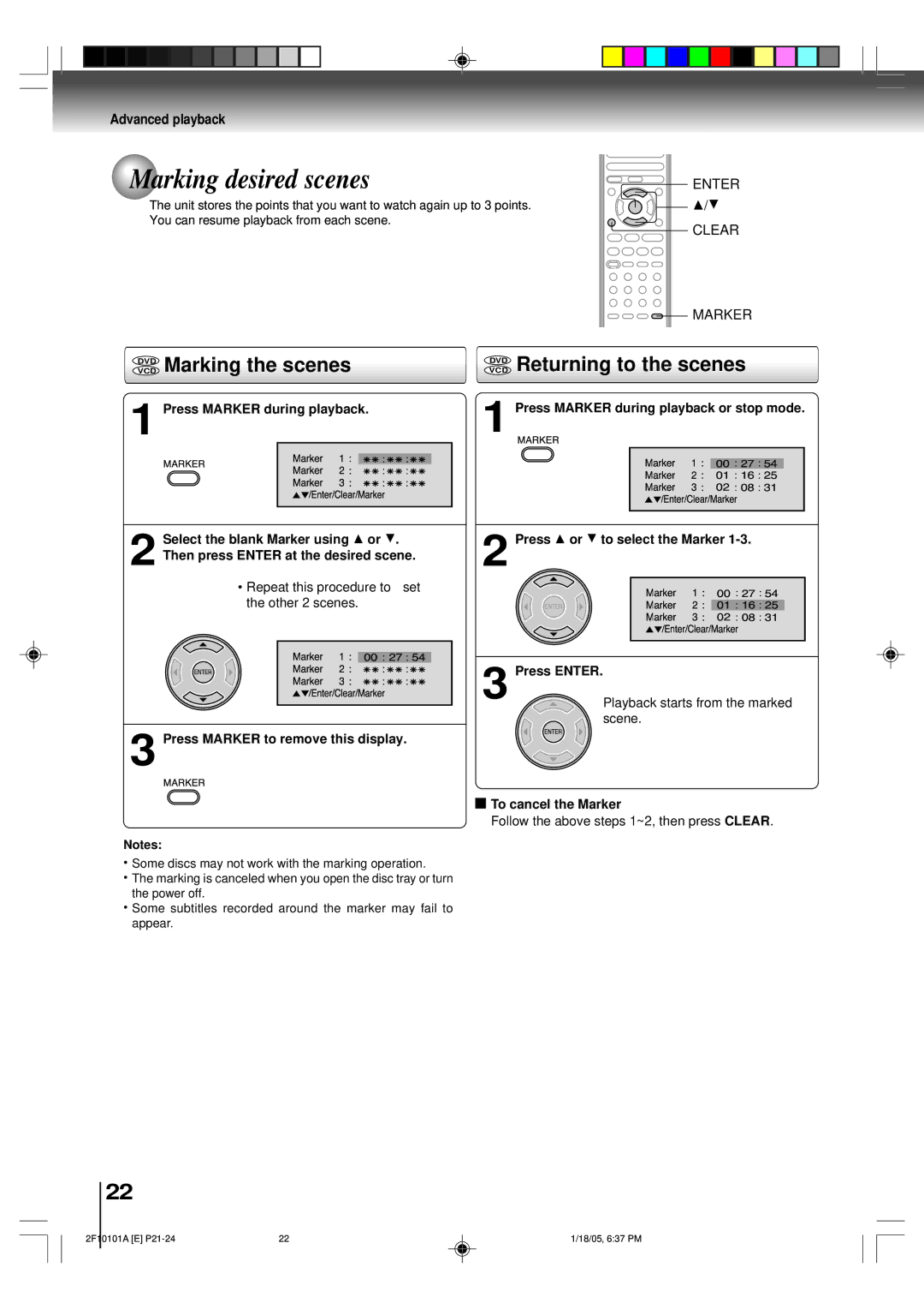 Toshiba SD-K750SU manual Marking desired scenes, Vcddvd Marking the scenes, Vcddvd Returning to the scenes 