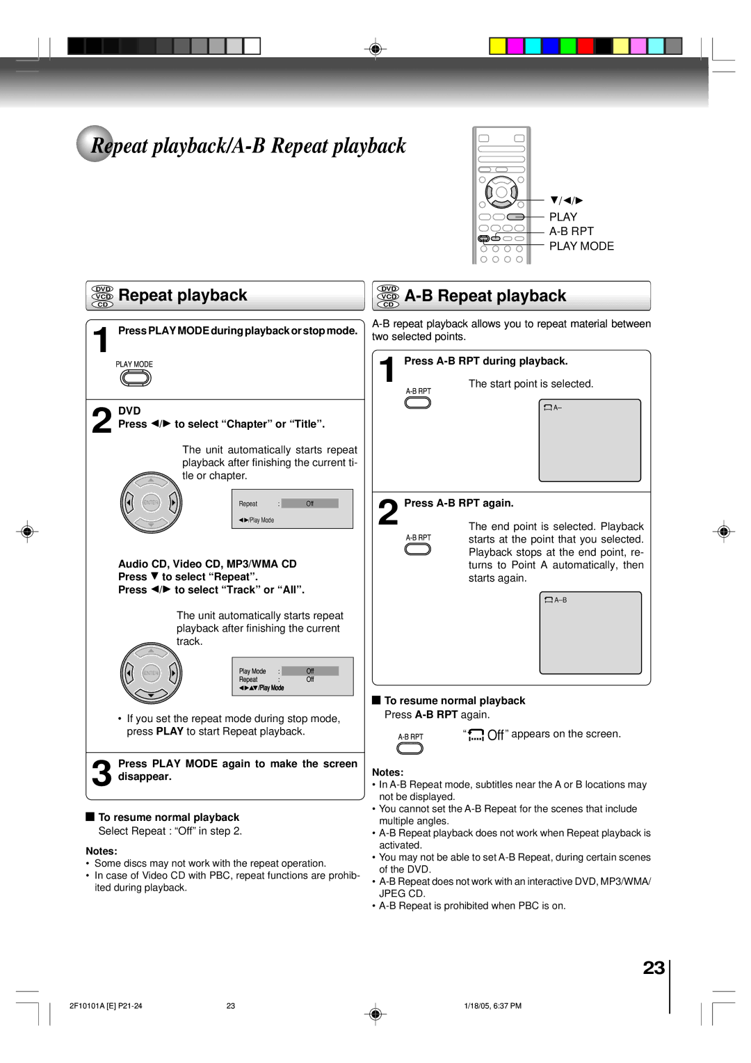 Toshiba SD-K750SU manual Repeat playback/A-B Repeat playback, VCD Repeat playback, VCD A-B Repeat playback 