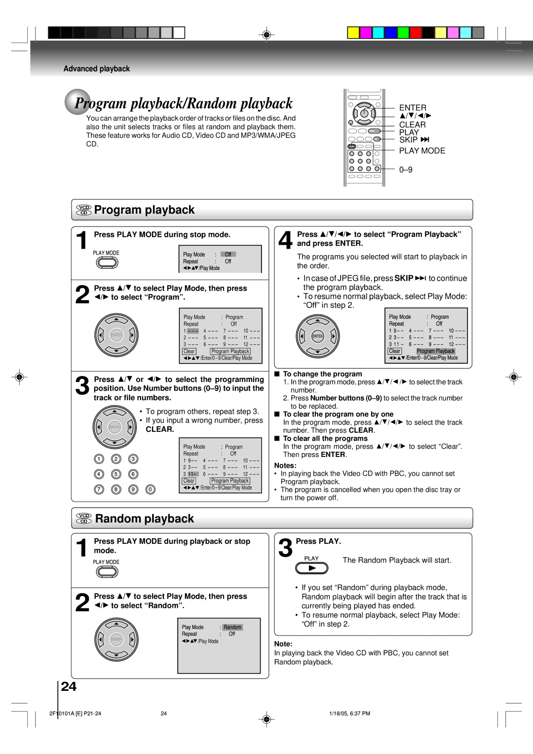 Toshiba SD-K750SU manual Program playback/Random playback, Vcdcd Program playback, VCD Random playback 