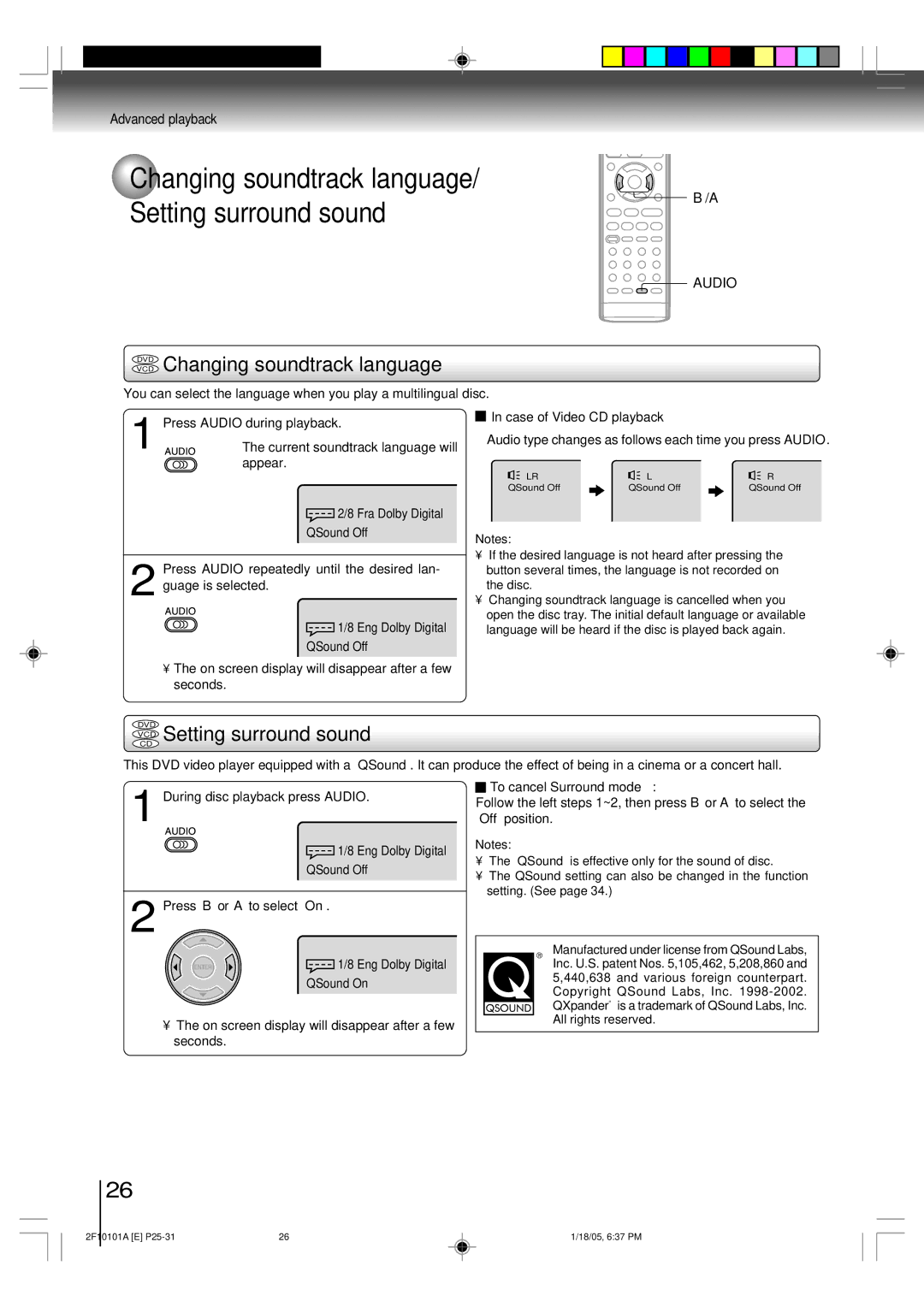 Toshiba SD-K750SU manual Changing soundtrack language Setting surround sound, DVD Changing soundtrack language 