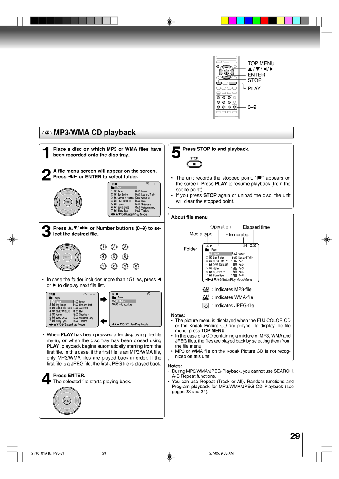 Toshiba SD-K750SU manual CD MP3/WMA CD playback, 5PressSTOPSTOP to end playback, About file menu 