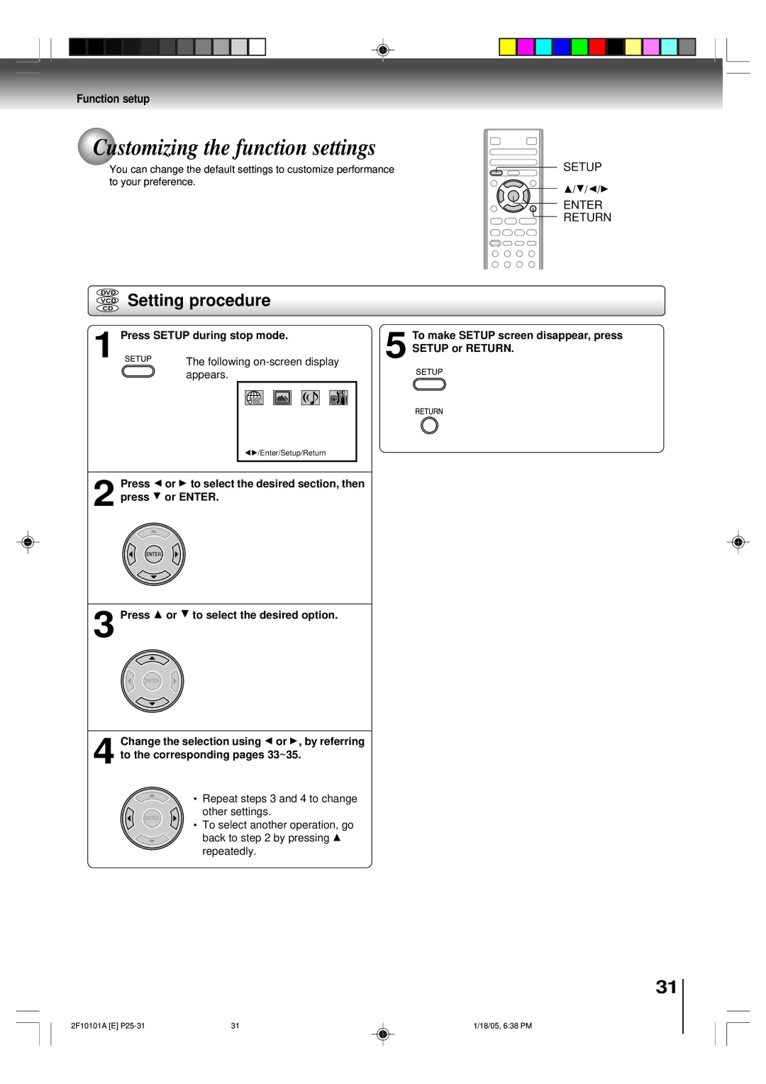 Toshiba SD-K750SU Customizing the function settings, Setting procedure, Press Setup during stop mode, Setup or Return 