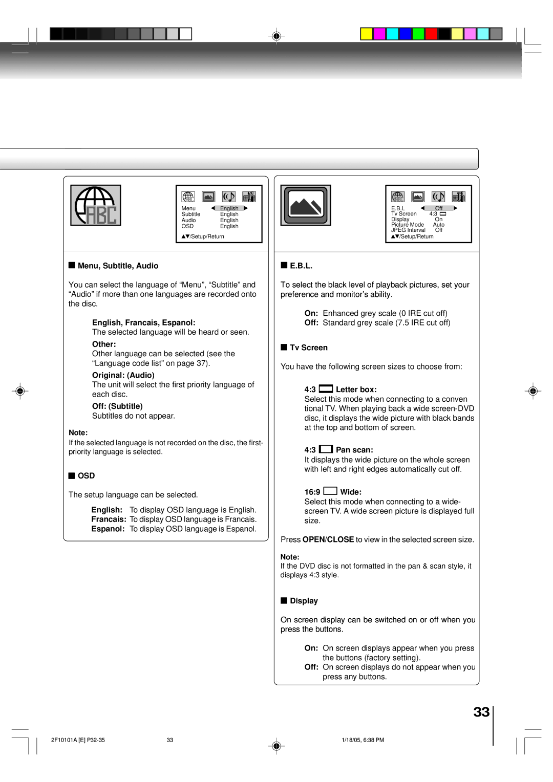 Toshiba SD-K750SU Menu, Subtitle, Audio, English, Francais, Espanol, Other, Original Audio, Off Subtitle, Tv Screen, Wide 