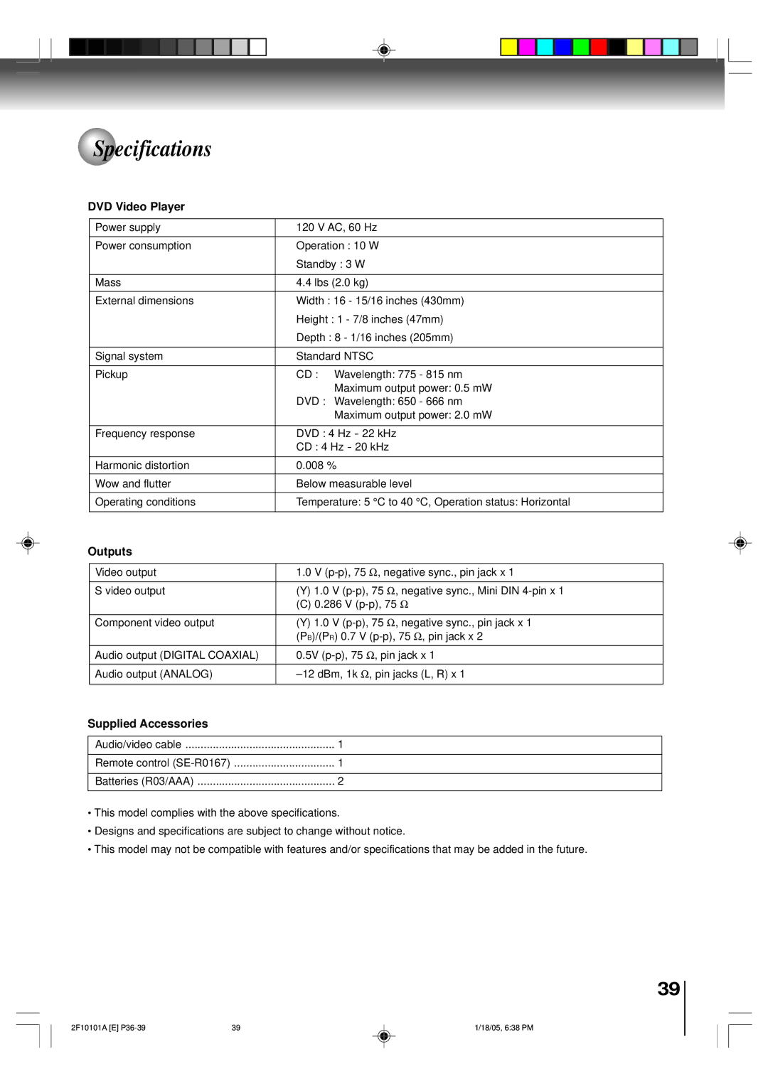 Toshiba SD-K750SU manual Specifications, DVD Video Player 