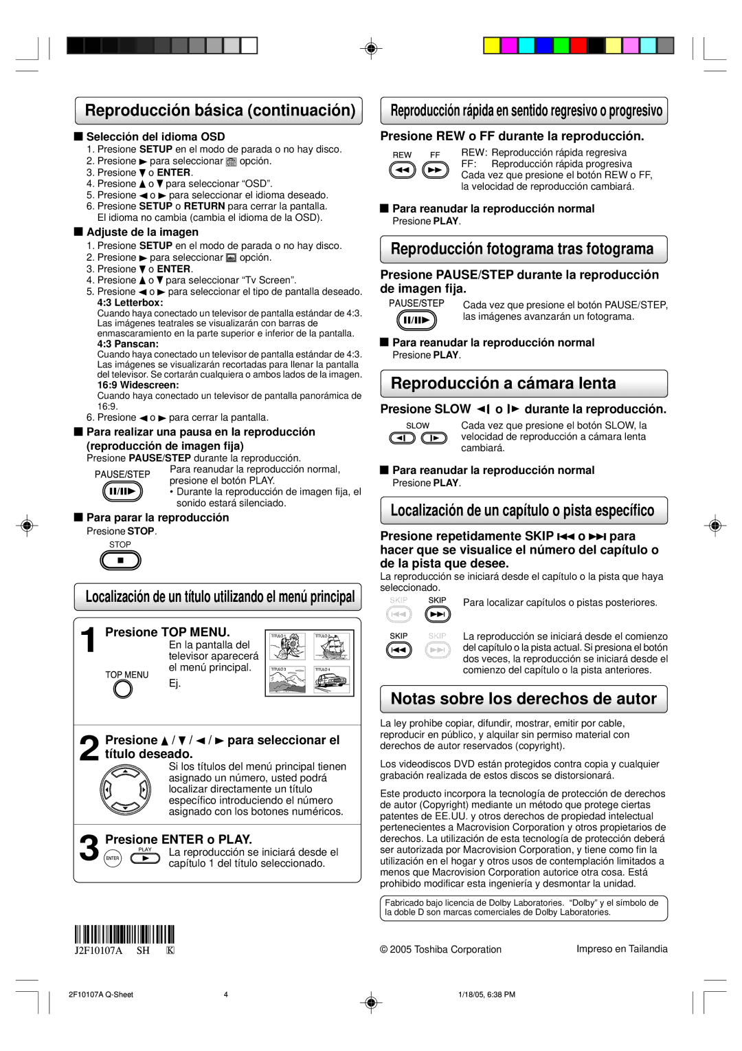 Toshiba SD-K750SU Reproducción básica continuación, Reproducción fotograma tras fotograma, Reproducción a cámara lenta 