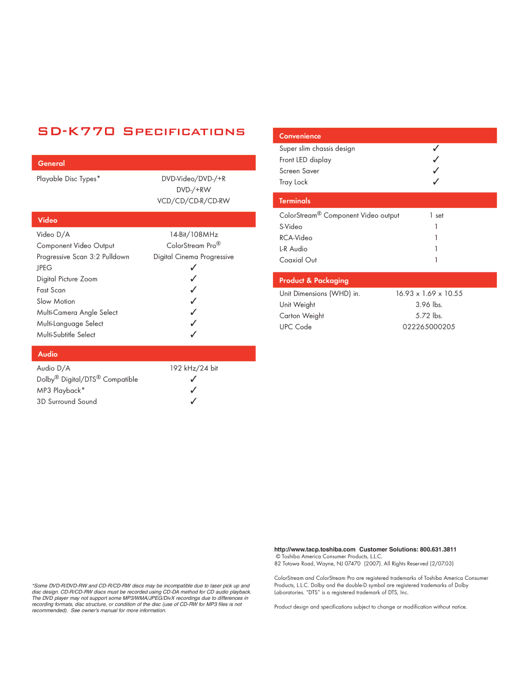 Toshiba manual SD-K770 Specifications 