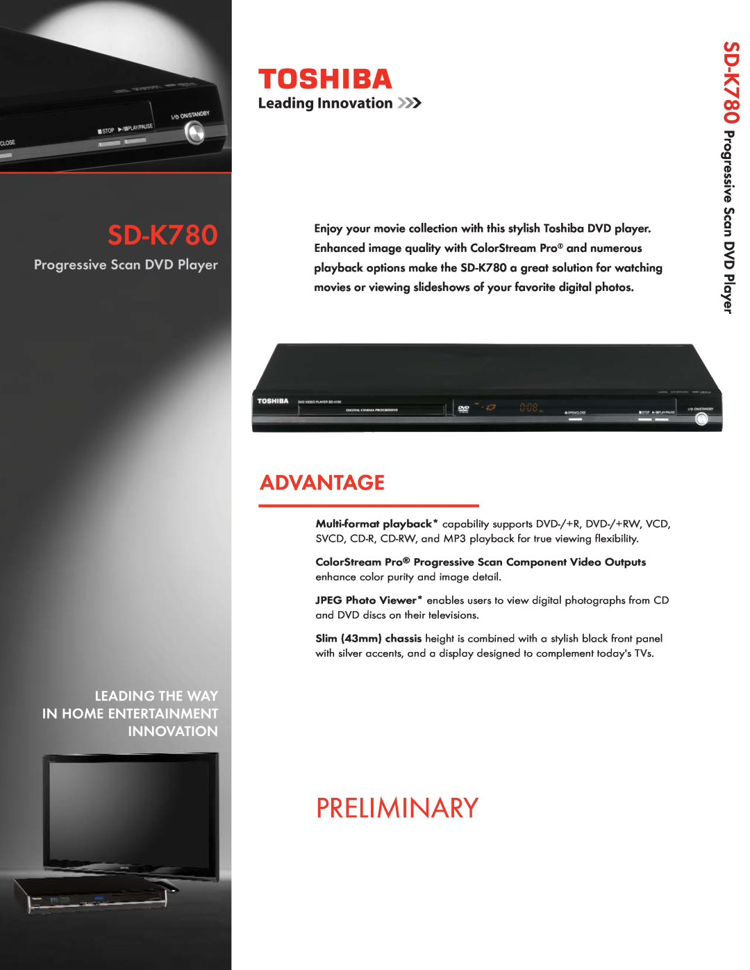 Toshiba manual SD-K780 Progressive Scan DVD Player, Preliminary, Advantage 