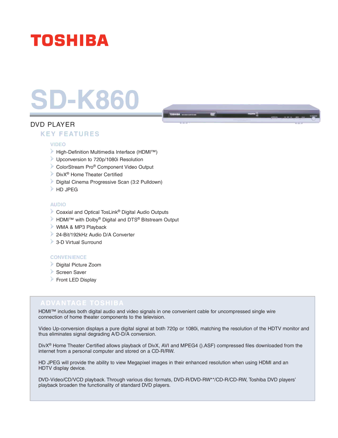 Toshiba SD-K860 manual KEY Features, Video, Audio, Convenience 