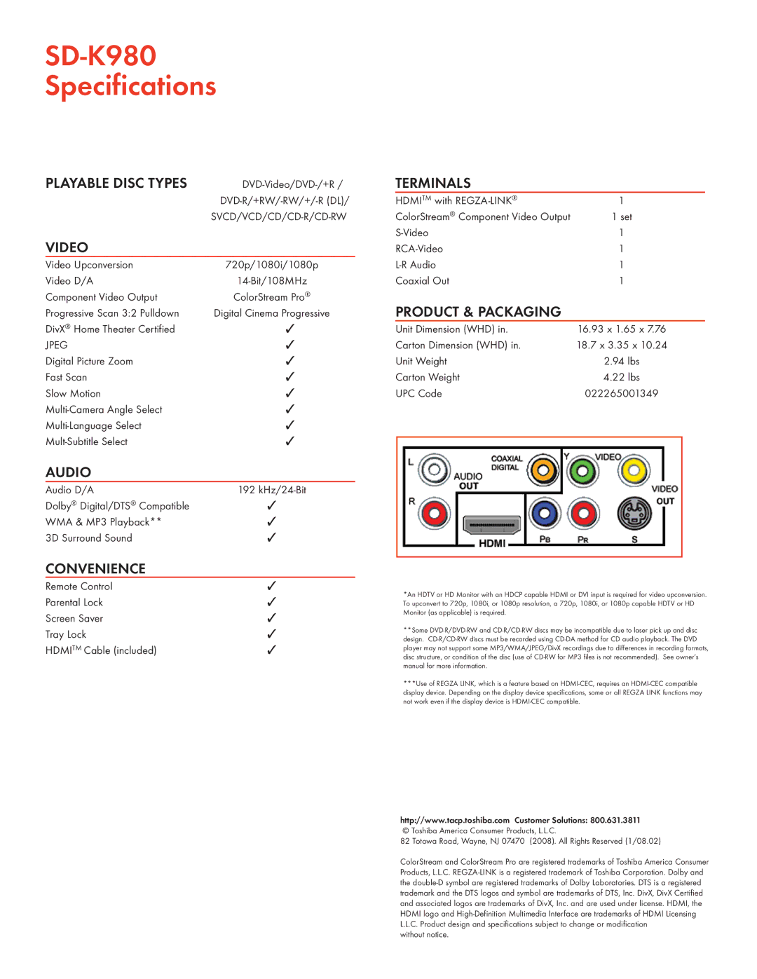 Toshiba manual SD-K980 Specifications 