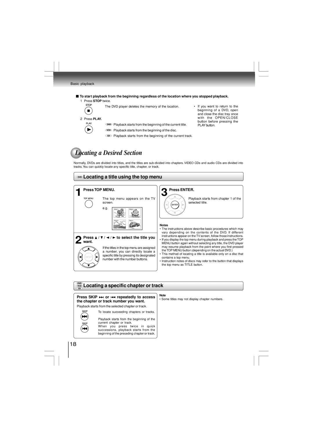 Toshiba SD-K980KU Locating a Desired Section, Locating a title using the top menu, Locating a specific chapter or track 