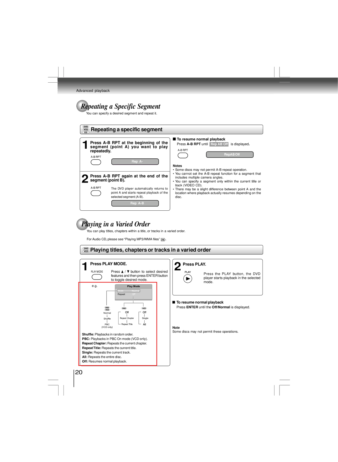 Toshiba SD-K980KU, SD-6100KU manual Repeating a Specific Segment, Playing in a Varied Order, Repeating a specific segment 