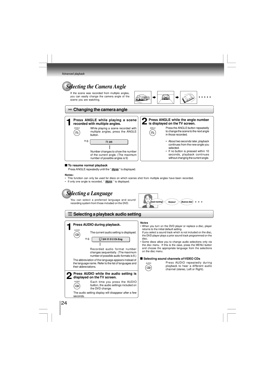 Toshiba SD-K980KU, SD-6100KU manual Selecting the Camera Angle, Selecting a Language, Changing the camera angle 