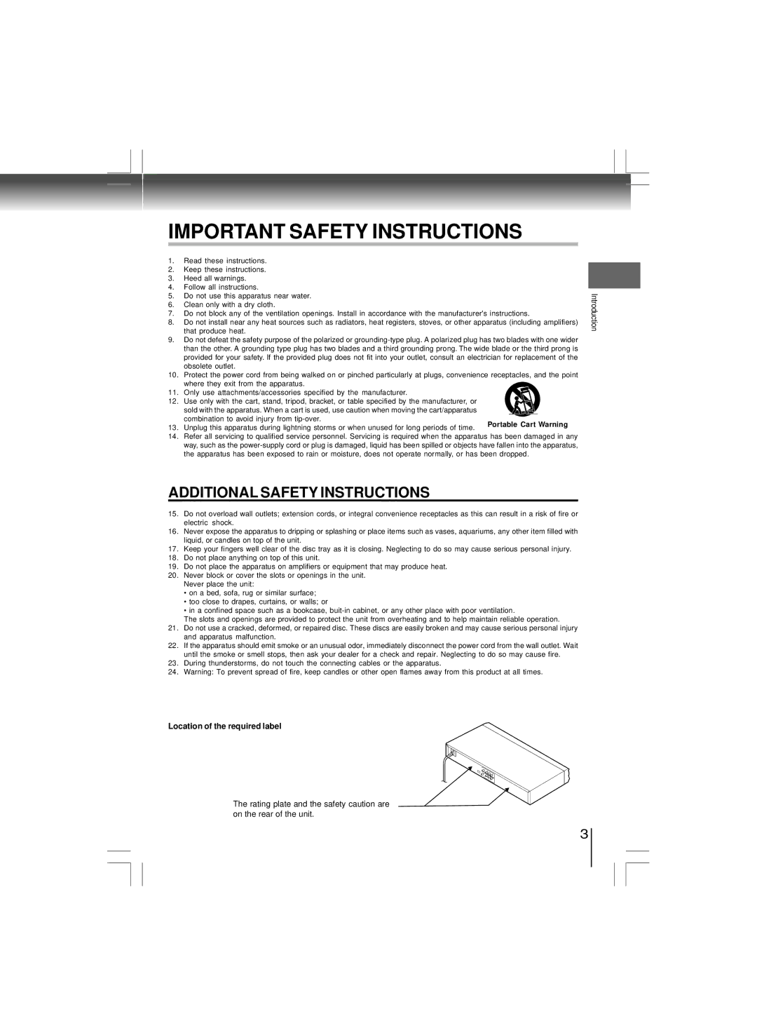 Toshiba SD-6100KU, SD-K980KU manual Important Safety Instructions, Location of the required label 