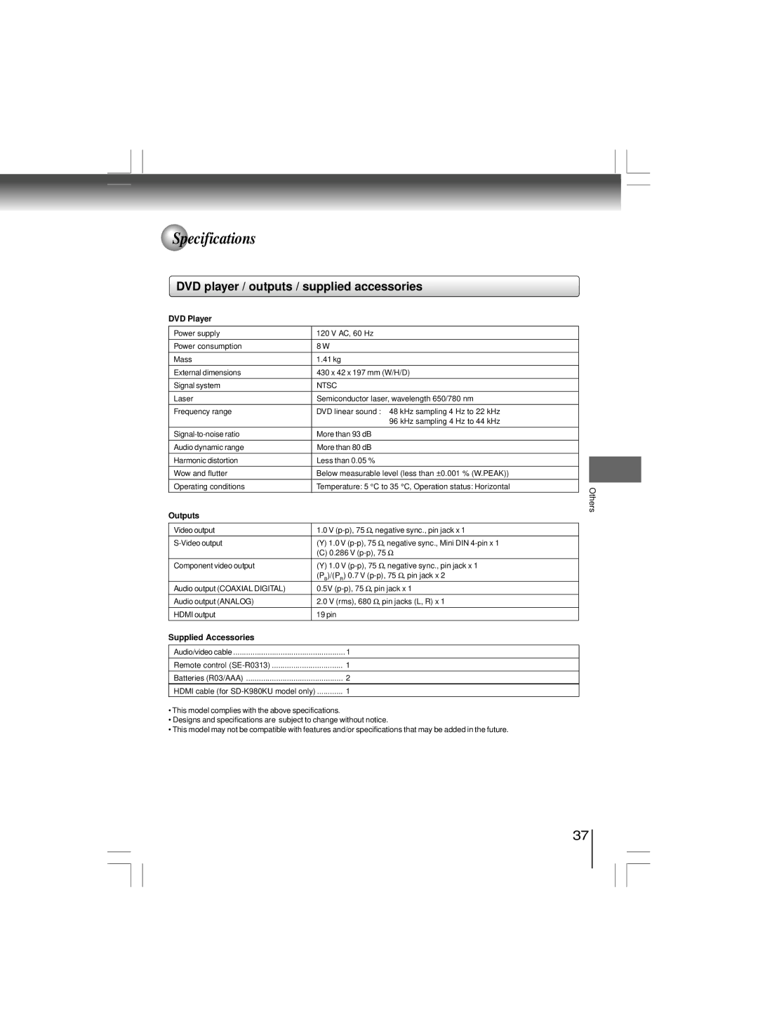 Toshiba SD-6100KU Specifications, DVD player / outputs / supplied accessories, DVD Player, Outputs, Supplied Accessories 