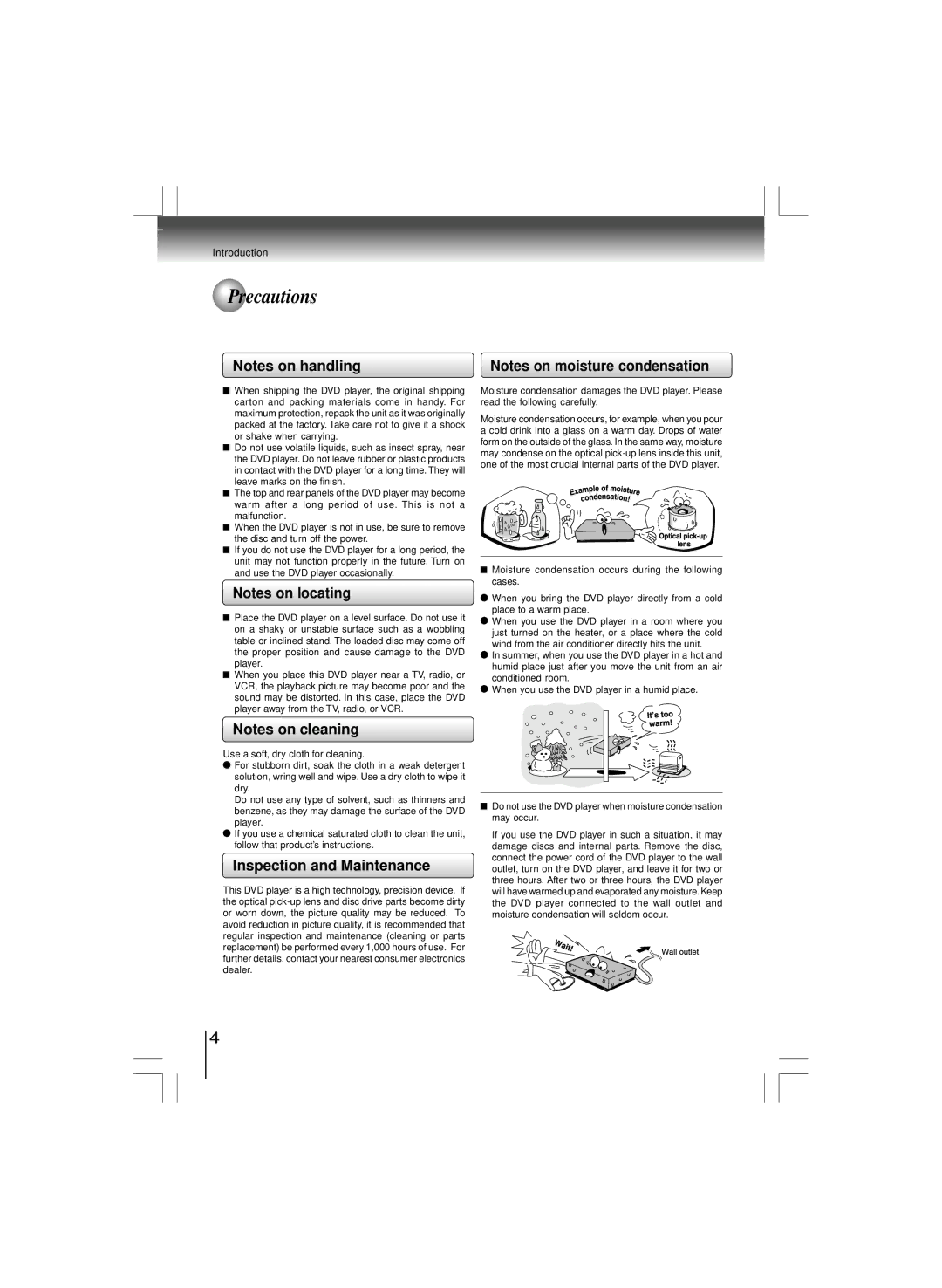 Toshiba SD-K980KU, SD-6100KU manual Precautions, Inspection and Maintenance 