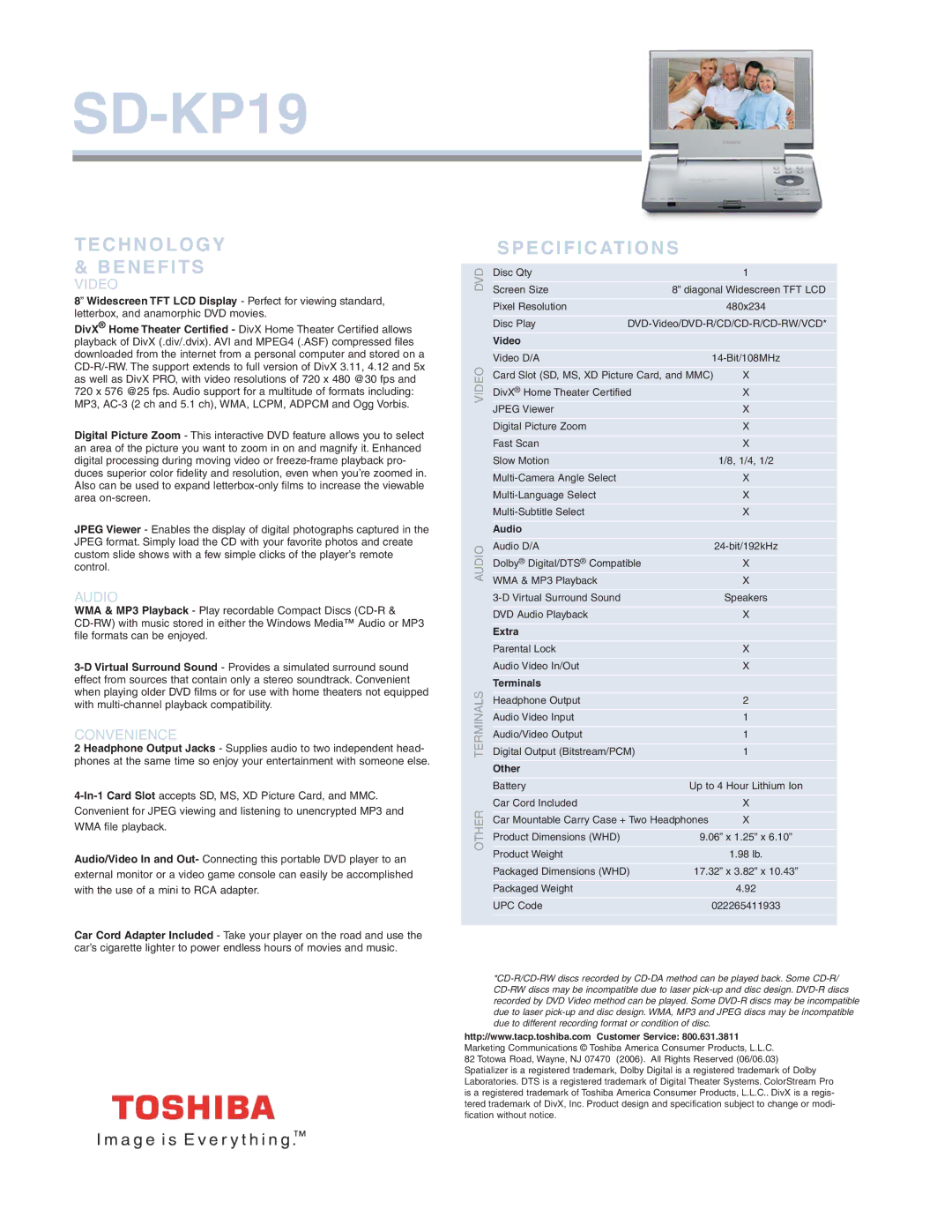 Toshiba SD-KP19 manual Technology & Benefits, Specifications, Video, Audio, Convenience 