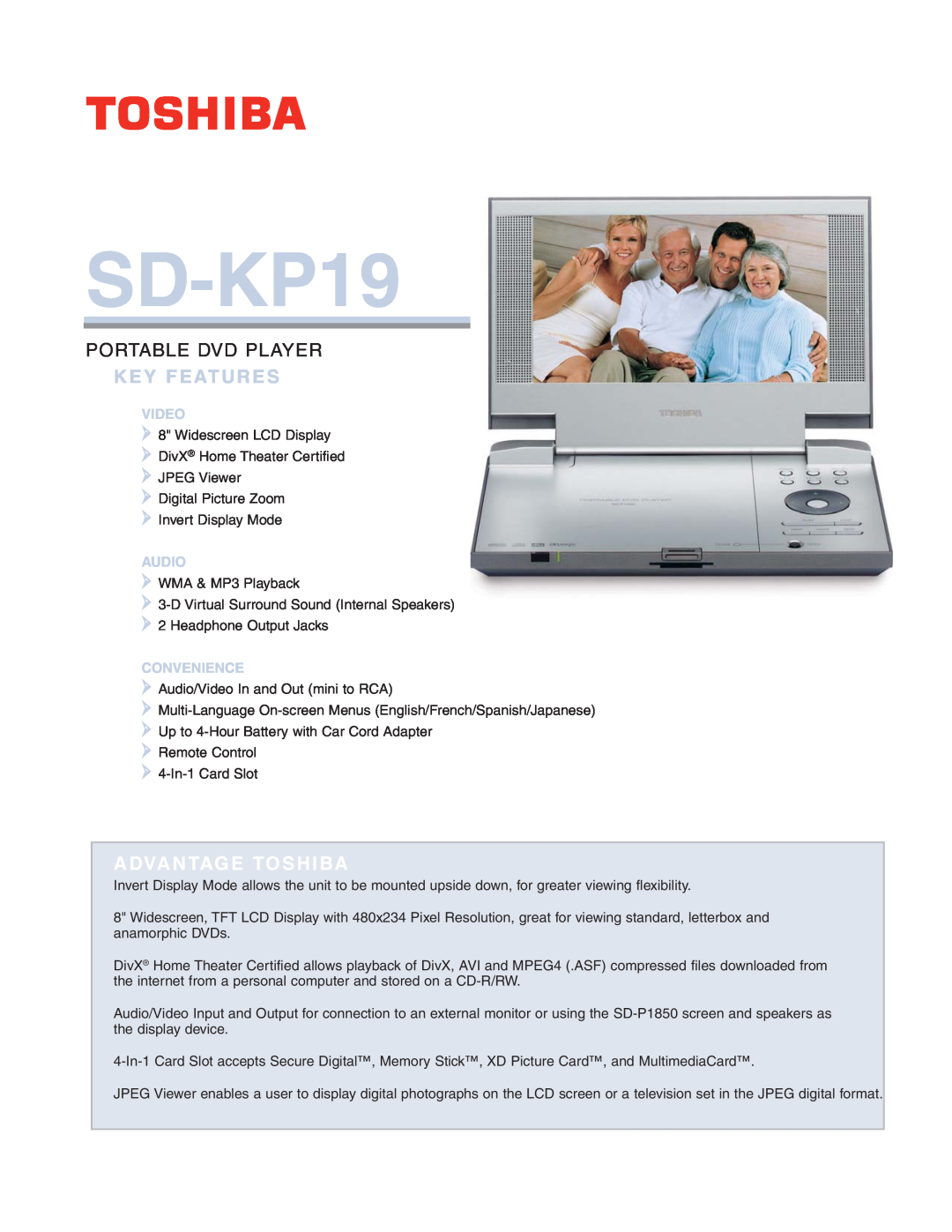 Toshiba SD-KP19 manual Key Features, Portable Dvd Player, Advantage Toshiba, Video, Audio, Convenience 