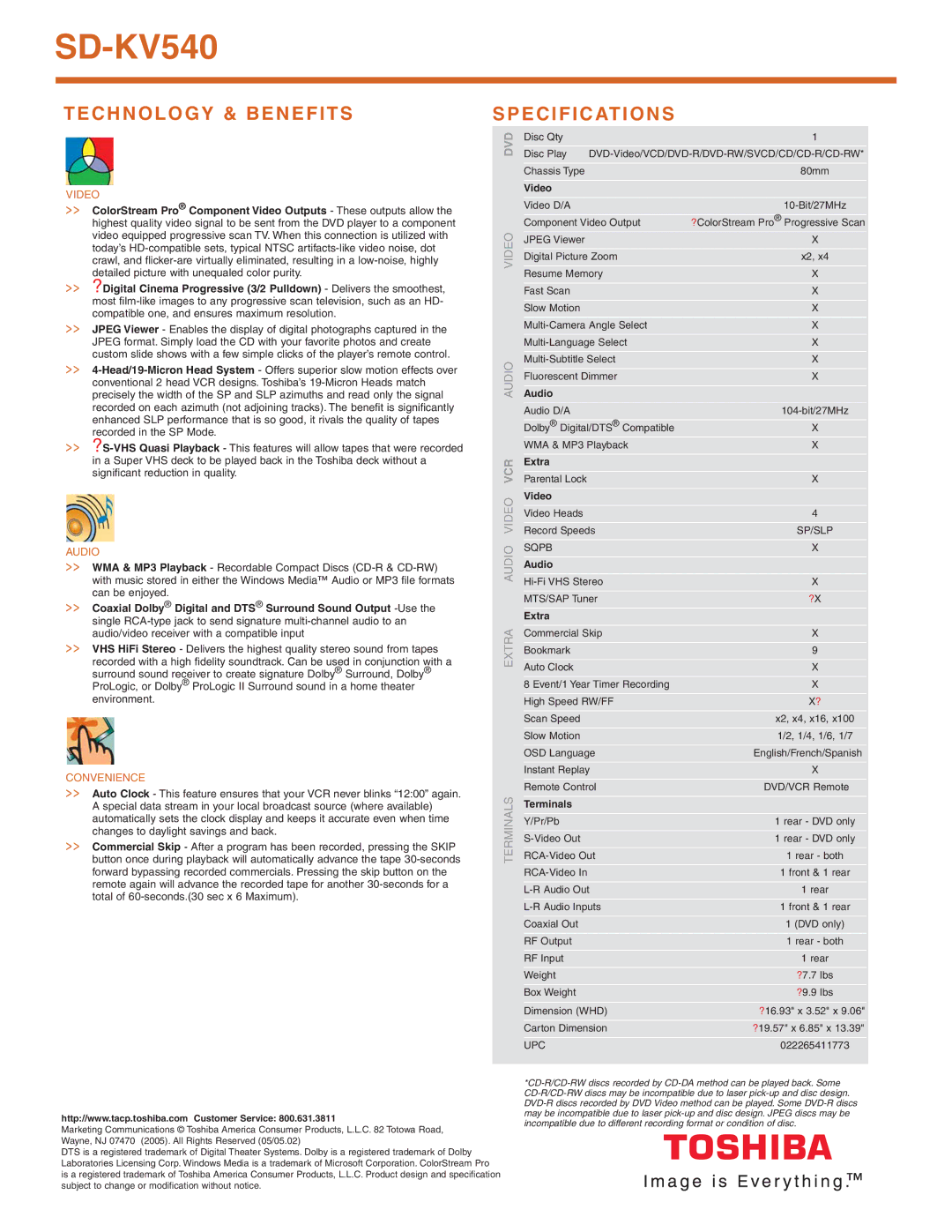 Toshiba SD-KV540 manual Technology & Benefits Specifications 