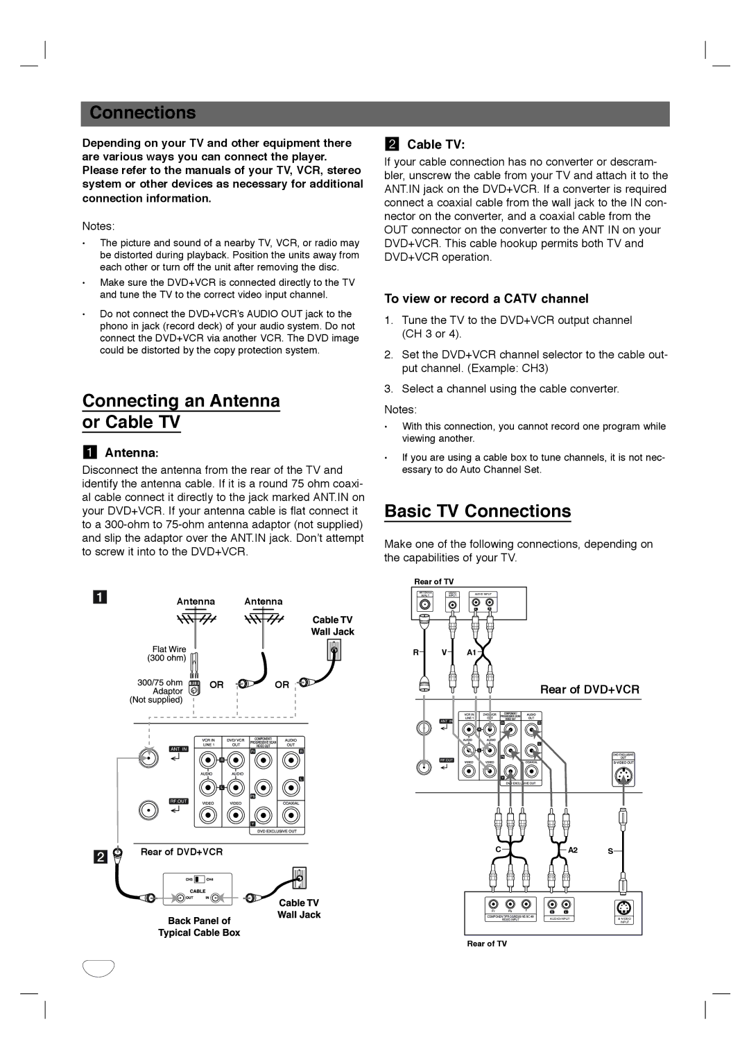 Toshiba SD-KV540SU owner manual Connecting an Antenna or Cable TV, Basic TV Connections 