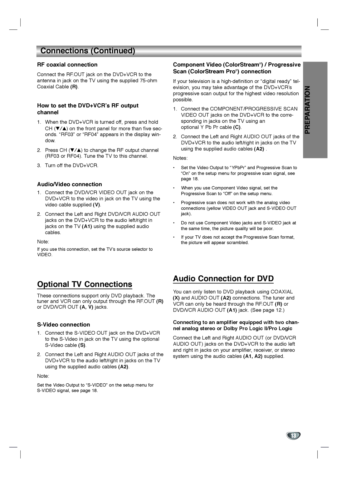 Toshiba SD-KV540SU owner manual Optional TV Connections, Audio Connection for DVD, Preparation 