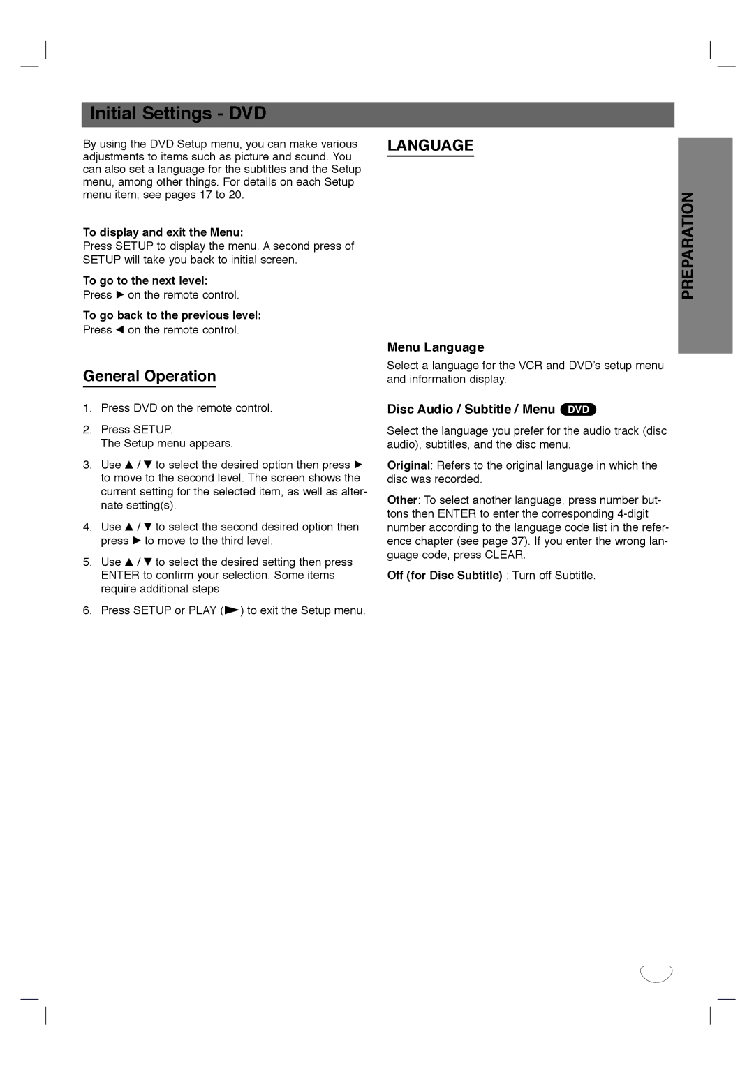 Toshiba SD-KV540SU owner manual Initial Settings DVD, Language Preparation, Menu Language, Disc Audio / Subtitle / Menu DVD 