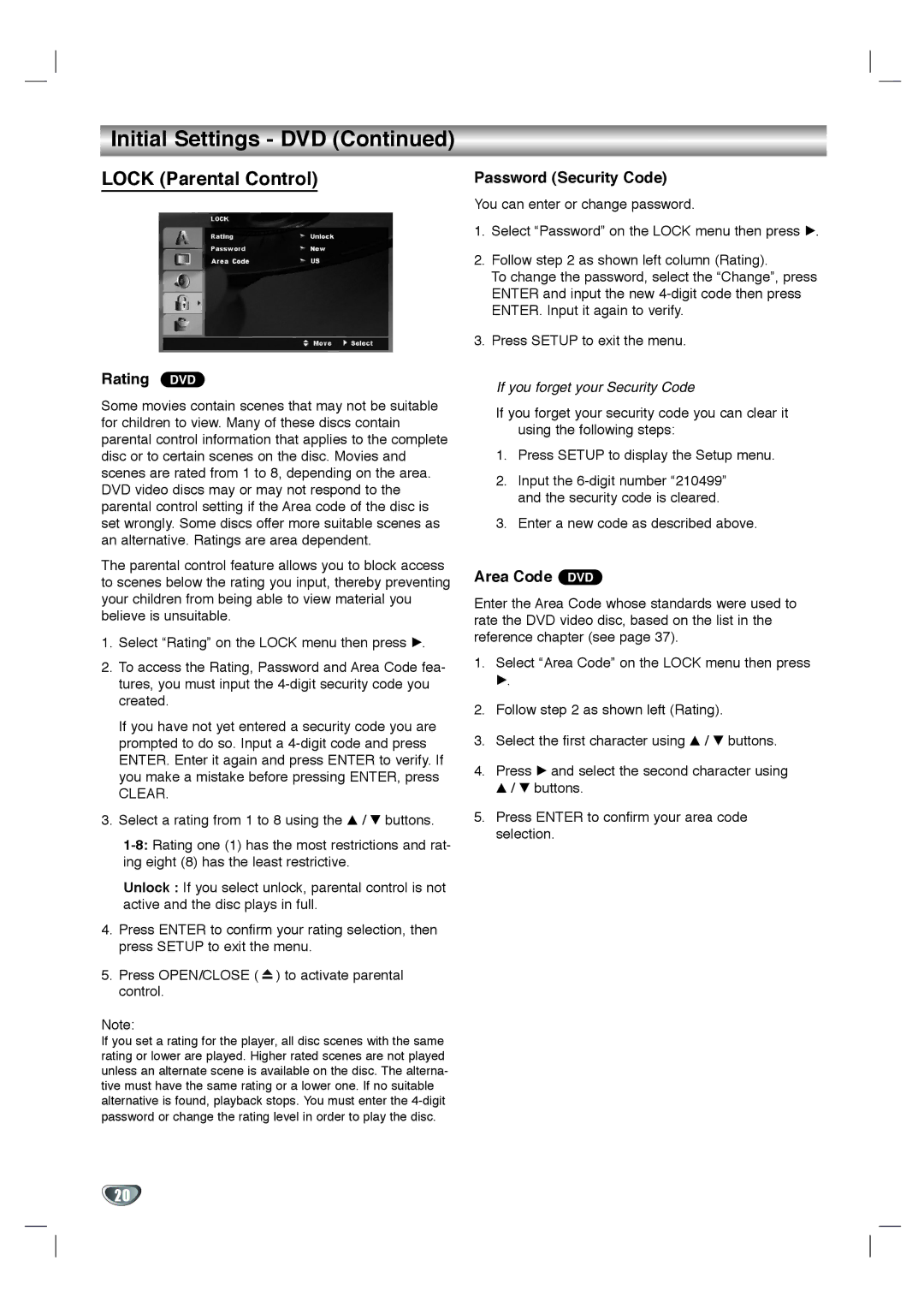 Toshiba SD-KV540SU owner manual Lock Parental Control, Rating DVD, Password Security Code, Area Code DVD, Clear 