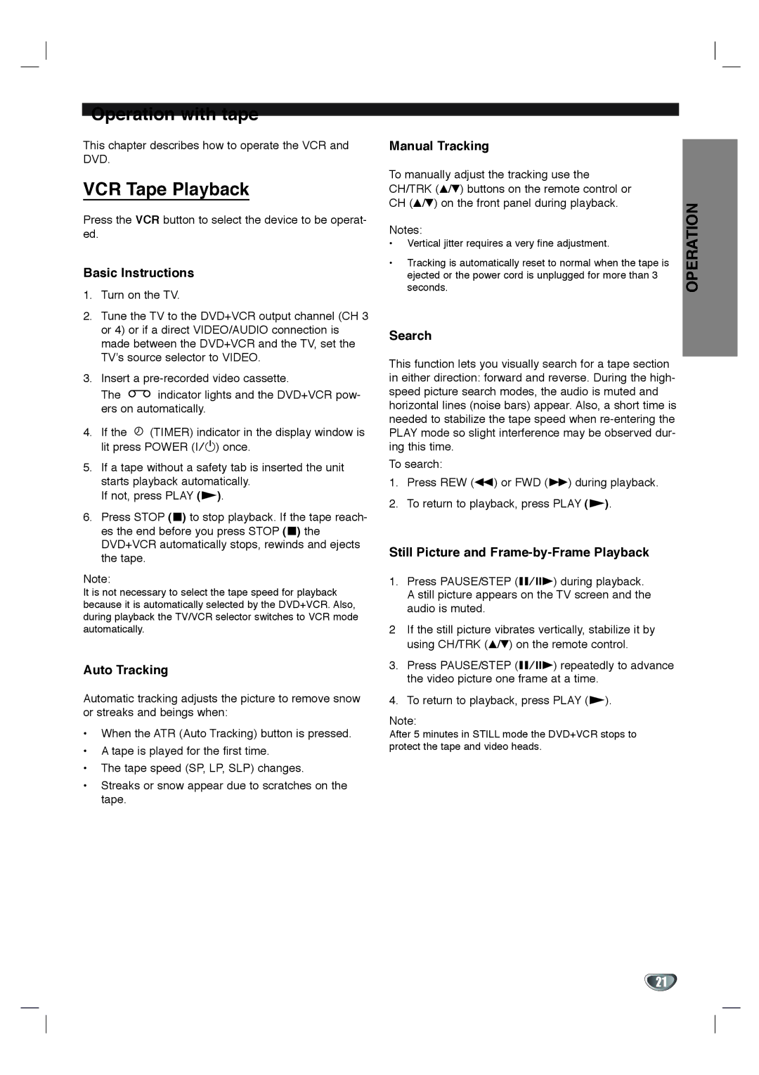 Toshiba SD-KV540SU owner manual Operation with tape, VCR Tape Playback 