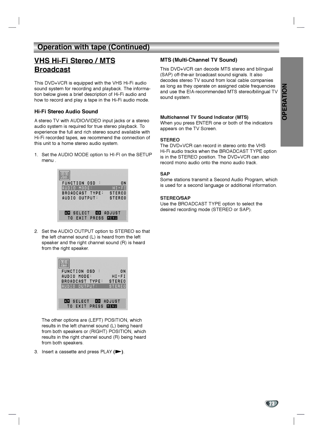 Toshiba SD-KV540SU owner manual Operation with tape VHS Hi-Fi Stereo / MTS Broadcast, Hi-Fi Stereo Audio Sound 