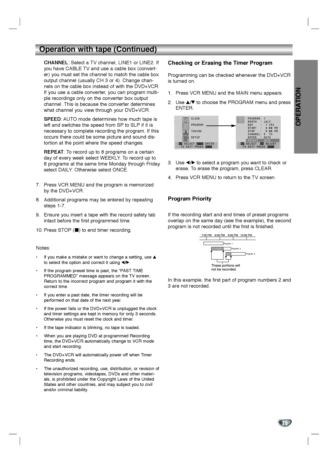 Toshiba SD-KV540SU owner manual Checking or Erasing the Timer Program, Program Priority 